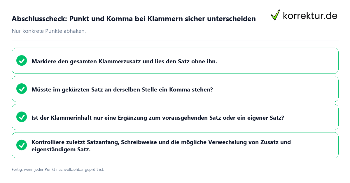 Konkreter Abschlusscheck zu Punkt und Komma bei Klammern sicher unterscheiden