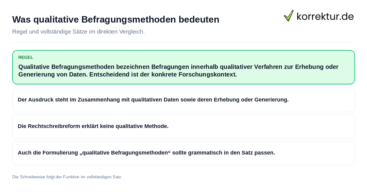 Konkrete Regel und vollständige Beispielsätze zu Was qualitative Befragungsmethoden bedeuten