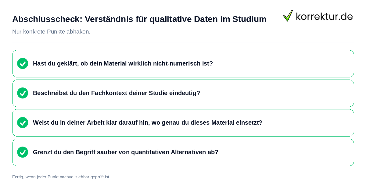 Konkreter Abschlusscheck zu Verständnis für qualitative Daten im Studium