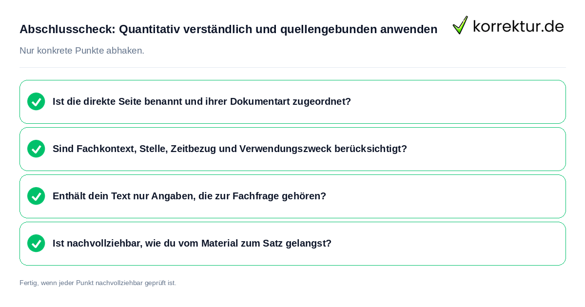 Konkreter Abschlusscheck zu Quantitativ verständlich und quellengebunden anwenden