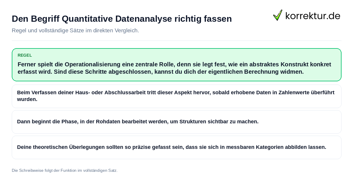Konkrete Regel und vollständige Beispielsätze zu Den Begriff Quantitative Datenanalyse richtig
