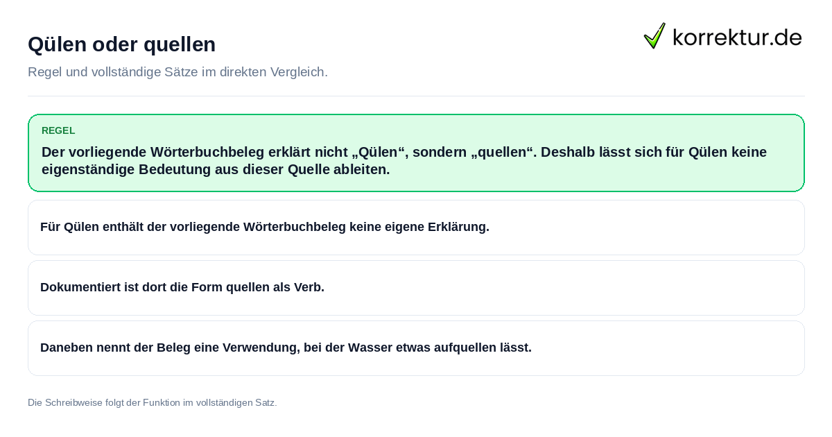 Konkrete Regel und vollständige Beispielsätze zu Qülen oder quellen