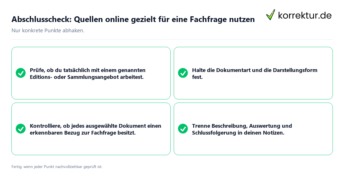 Konkreter Abschlusscheck zu Quellen online gezielt für eine Fachfrage nutzen