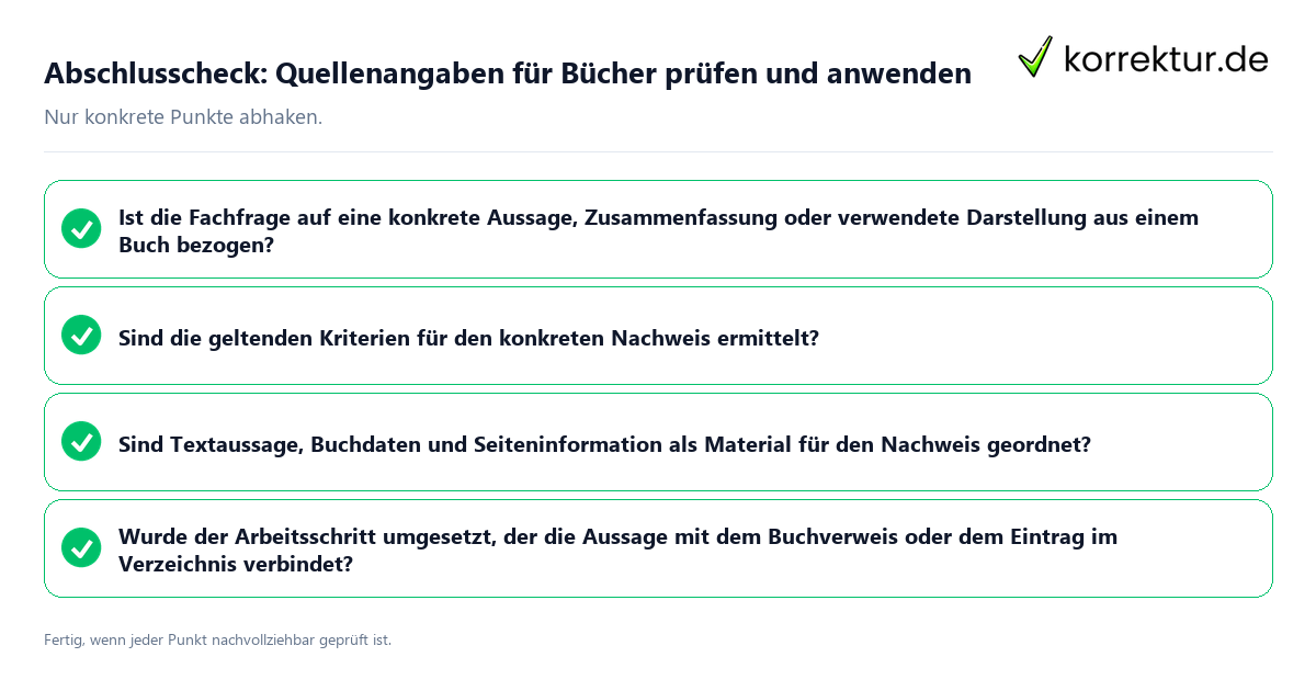 Konkreter Abschlusscheck zu Quellenangaben für Bücher prüfen und anwenden