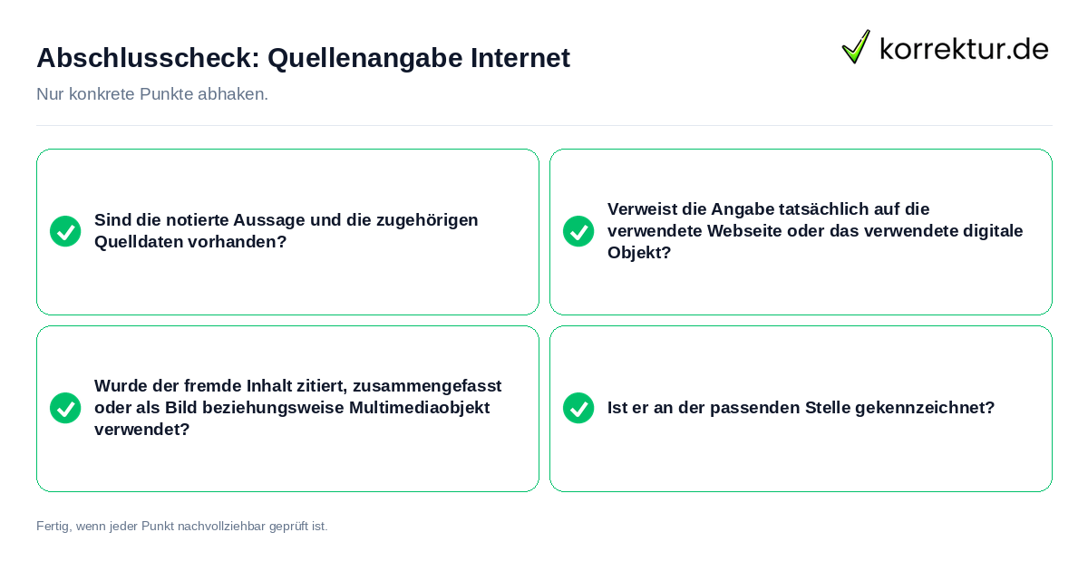 Konkreter Abschlusscheck zu Quellenangabe Internet
