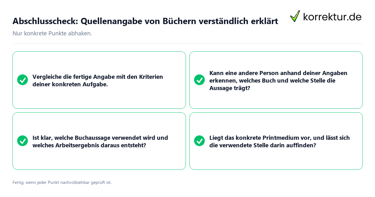 Abschlusscheck: Quellenangabe von Büchern verständlich erklärt Konkreter Abschlusscheck zu Quellenangabe von Büchern verständlich erklärt