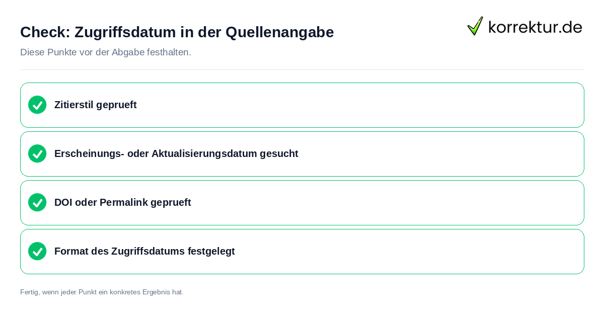 Zugriffsdatum in der Quellenangabe: Prüfliste mit vier Punkten