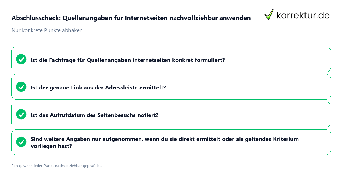 Konkreter Abschlusscheck zu Quellenangaben für Internetseiten nachvollziehbar anwenden