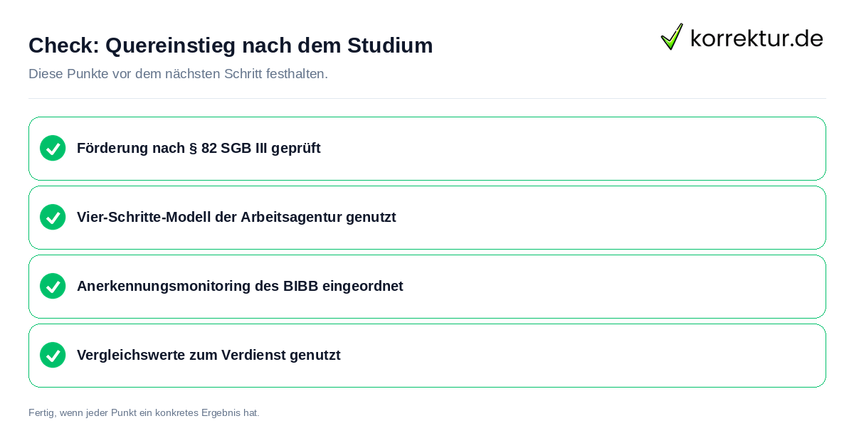 Check: Quereinstieg nach dem Studium Quereinstieg nach dem Studium: Prüfliste mit vier Punkten