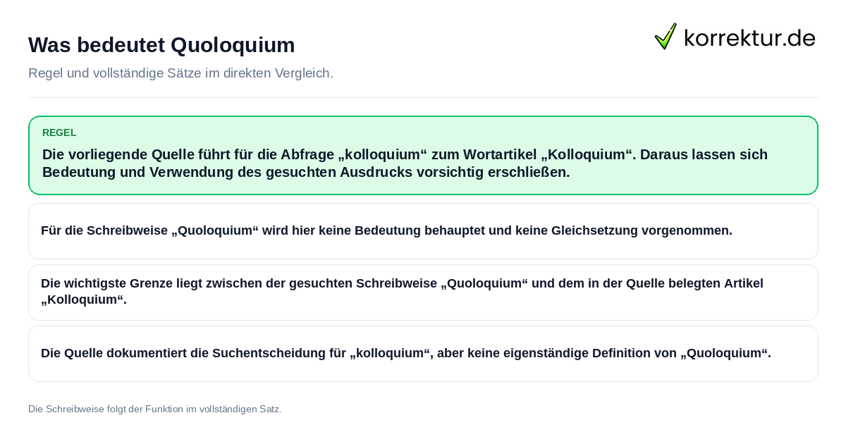Konkrete Regel und vollständige Beispielsätze zu Was bedeutet Quoloquium