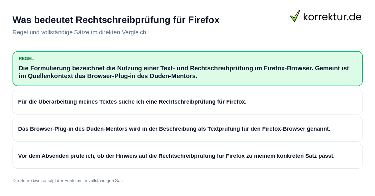 Konkrete Regel und vollständige Beispielsätze zu Was bedeutet Rechtschreibprüfung für Firefox
