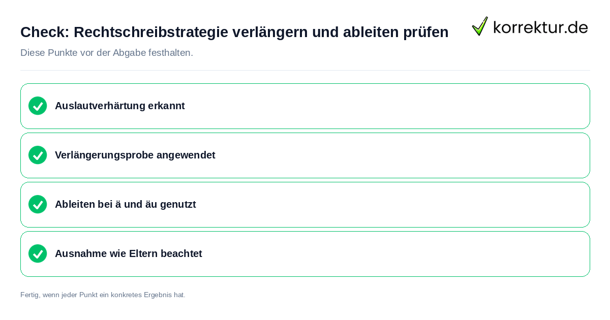 Check: Rechtschreibstrategie verlängern und ableiten prüfen Rechtschreibstrategie verlängern und ableiten prüfen: Prüfliste mit vier Punkten