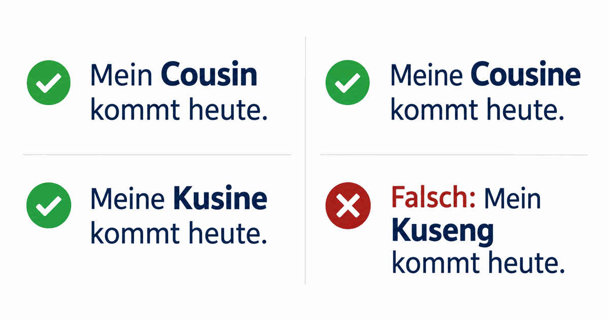 Cousin, Cousine und Kusine in vollständigen Beispielsätzen, Kuseng als falsche Form