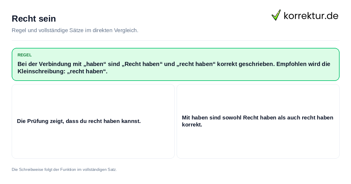 Recht sein Konkrete Regel und vollständige Beispielsätze zu Recht sein