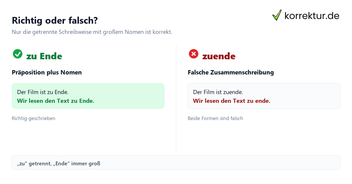 Richtig oder falsch? Schreibt man „zu Ende“ oder „zuende“? Richtige Schreibweise im Vergleich