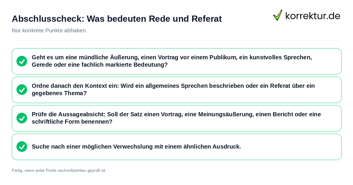 Konkreter Abschlusscheck zu Was bedeuten Rede und Referat