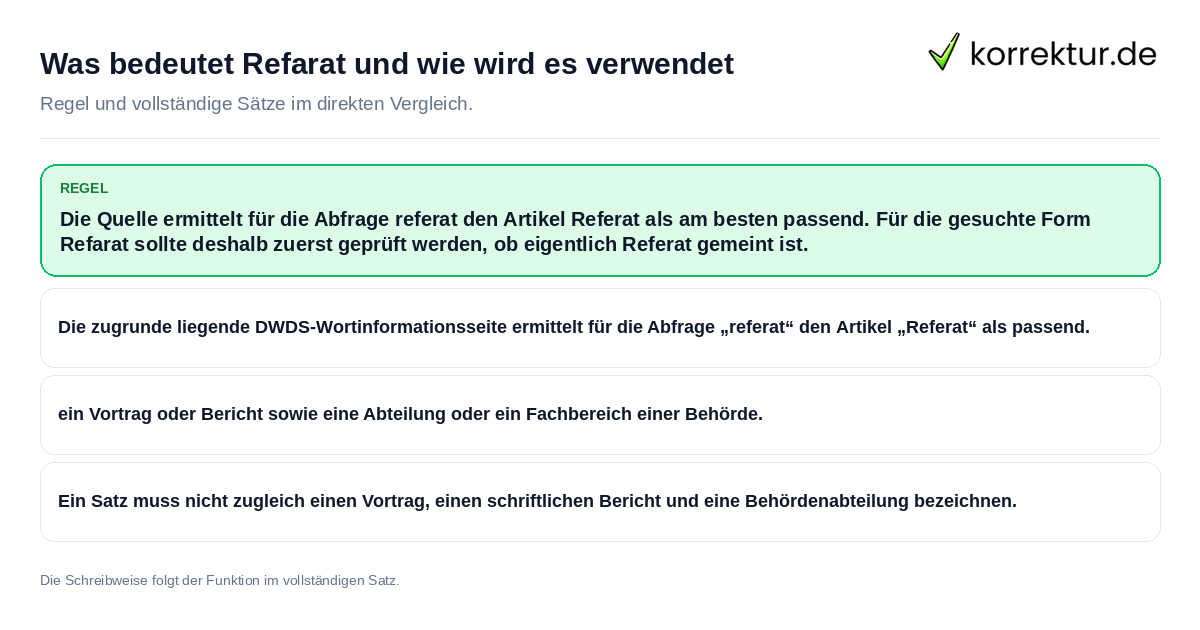 Konkrete Regel und vollständige Beispielsätze zu Was bedeutet Refarat und wie wird es verwendet