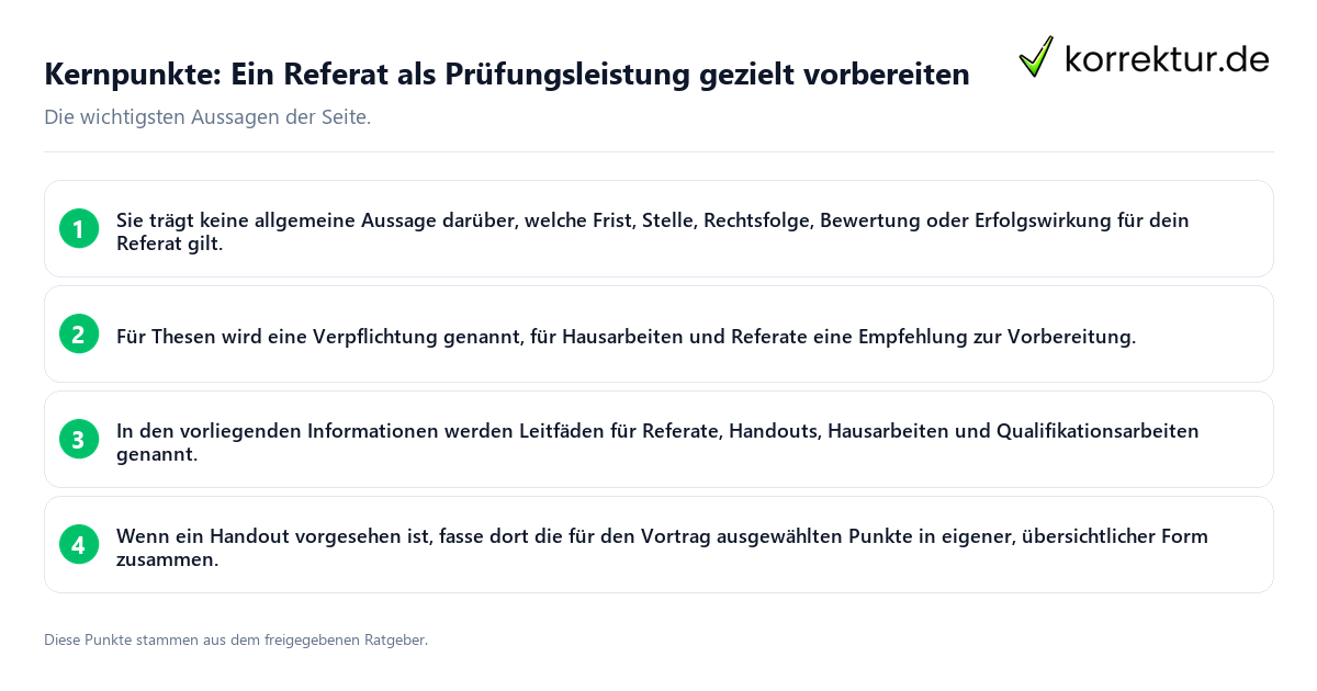 Kernpunkte: Ein Referat als Prüfungsleistung gezielt vorbereiten Konkrete Kernpunkte zu Ein Referat als Prüfungsleistung gezielt vorbereiten