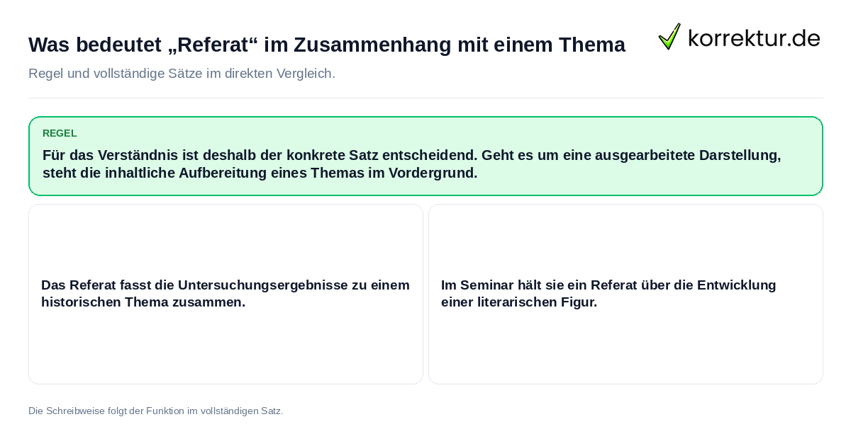 Konkrete Regel und vollständige Beispielsätze zu Was bedeutet „Referat“ im Zusammenhang mit einem
