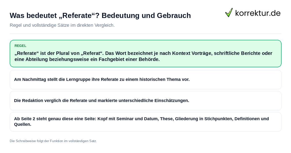 Konkrete Regel und vollständige Beispielsätze zu Was bedeutet „Referate“? Bedeutung und Gebrauch