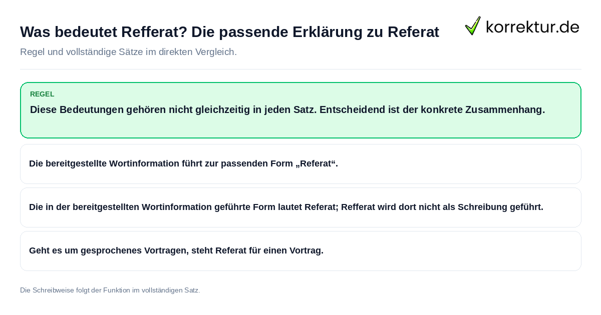 Konkrete Regel und vollständige Beispielsätze zu Was bedeutet Refferat? Die passende Erklärung zu