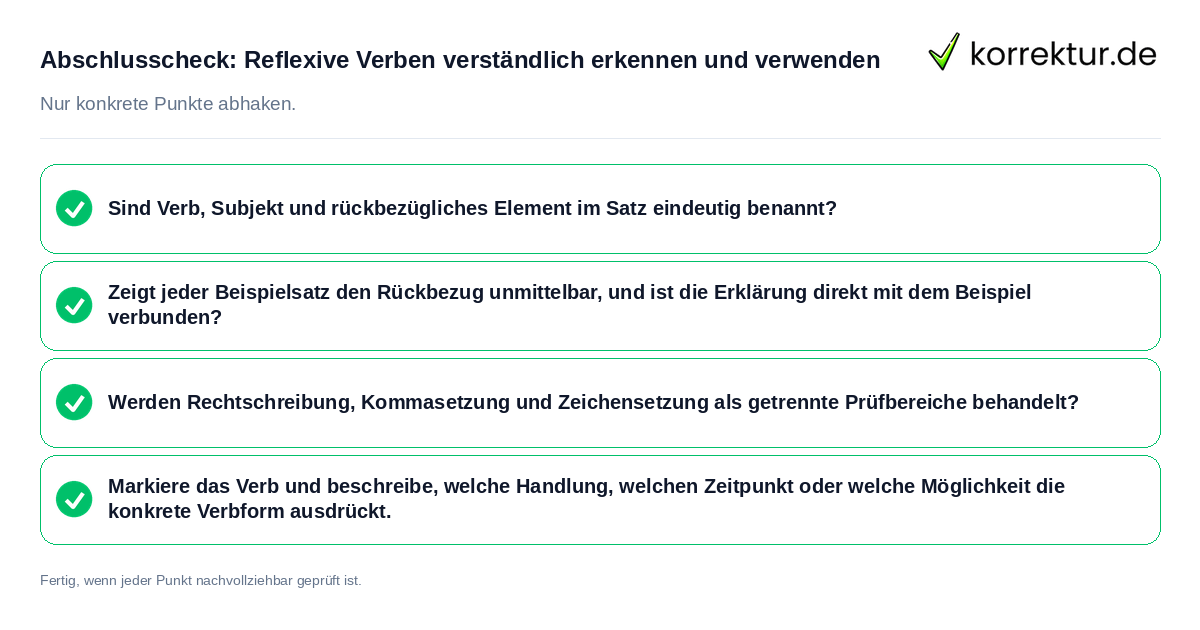 Konkreter Abschlusscheck zu Reflexive Verben verständlich erkennen und verwenden