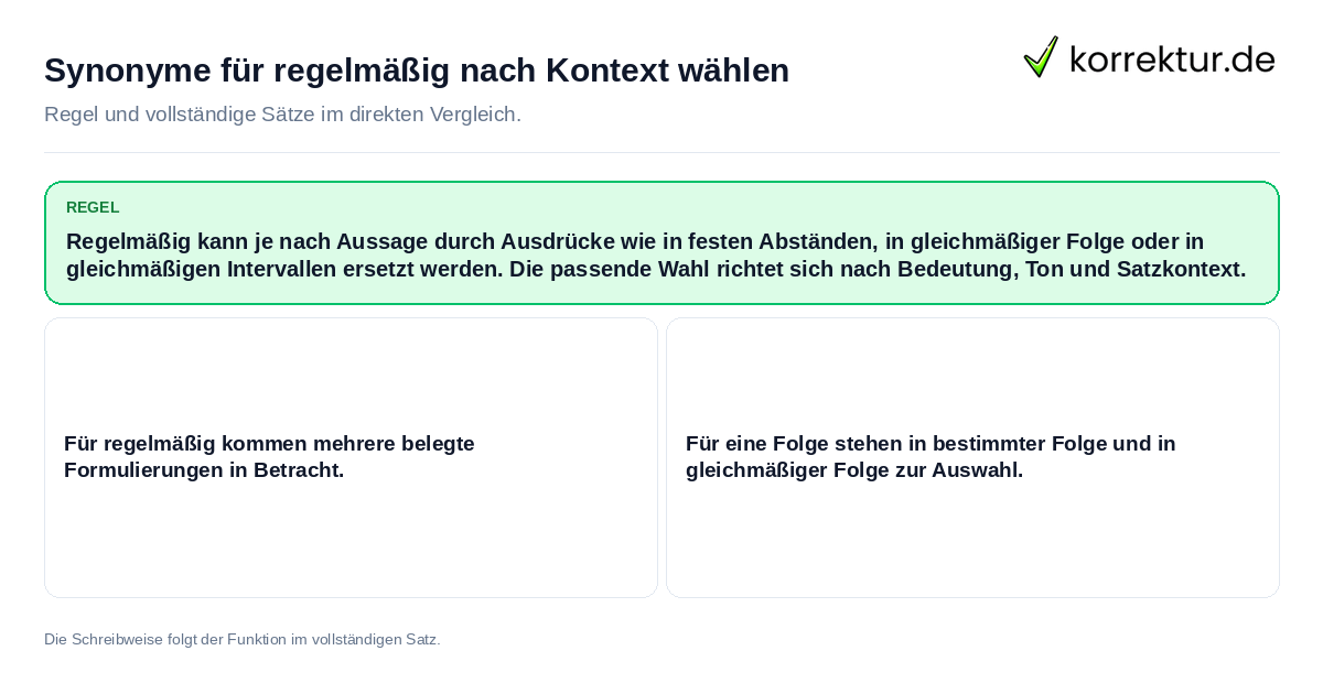 Konkrete Regel und vollständige Beispielsätze zu Synonyme für regelmäßig nach Kontext wählen