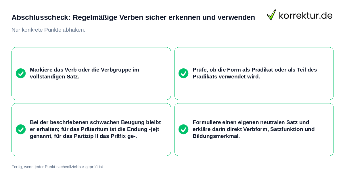 Konkreter Abschlusscheck zu Regelmäßige Verben sicher erkennen und verwenden