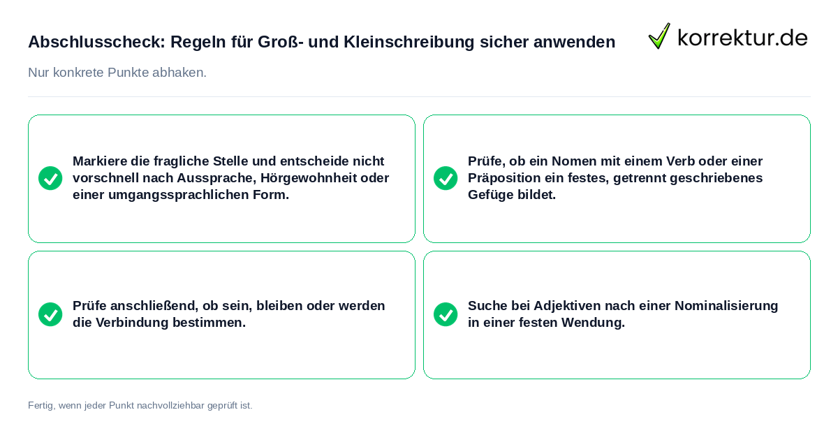 Konkreter Abschlusscheck zu Regeln für Groß- und Kleinschreibung sicher anwenden