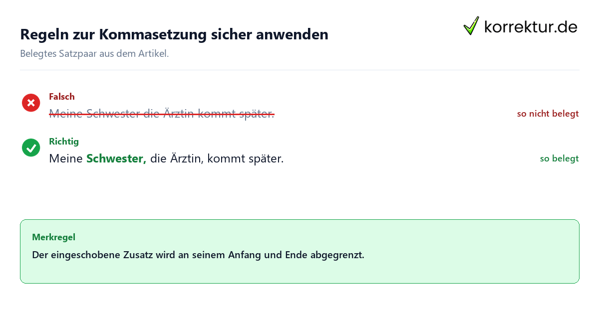Regeln zur Kommasetzung sicher anwenden Falsches und richtiges Satzbeispiel zu Regeln zur Kommasetzung sicher anwenden