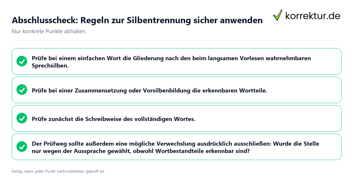 Konkreter Abschlusscheck zu Regeln zur Silbentrennung sicher anwenden