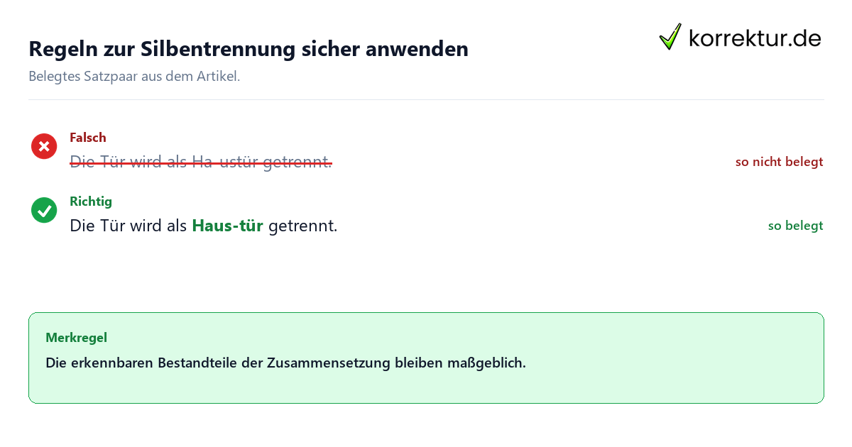 Falsches und richtiges Satzbeispiel zu Regeln zur Silbentrennung sicher anwenden