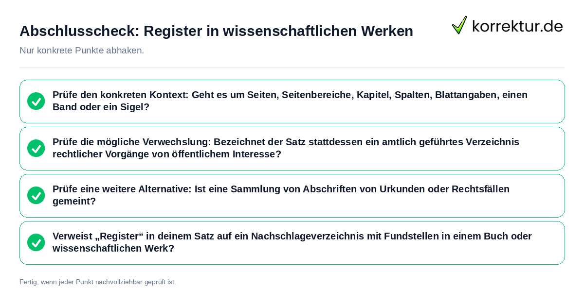 Abschlusscheck: Register in wissenschaftlichen Werken Konkreter Abschlusscheck zu Register in wissenschaftlichen Werken