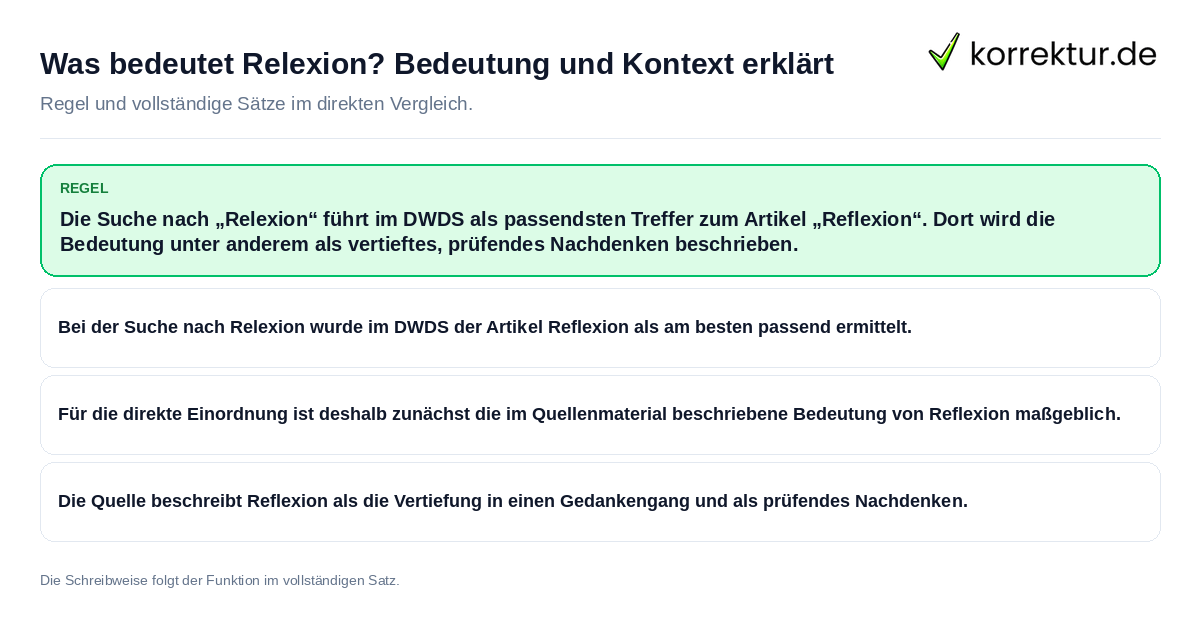 Konkrete Regel und vollständige Beispielsätze zu Was bedeutet Relexion? Bedeutung und Kontext