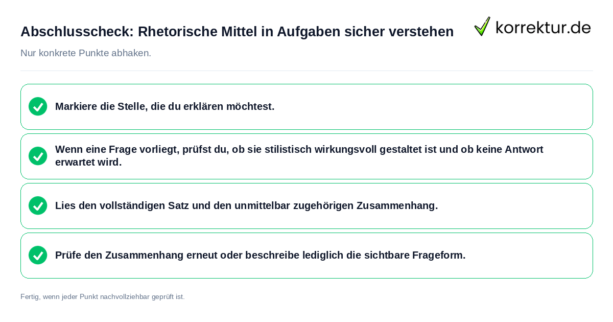 Konkreter Abschlusscheck zu Rhetorische Mittel in Aufgaben sicher verstehen