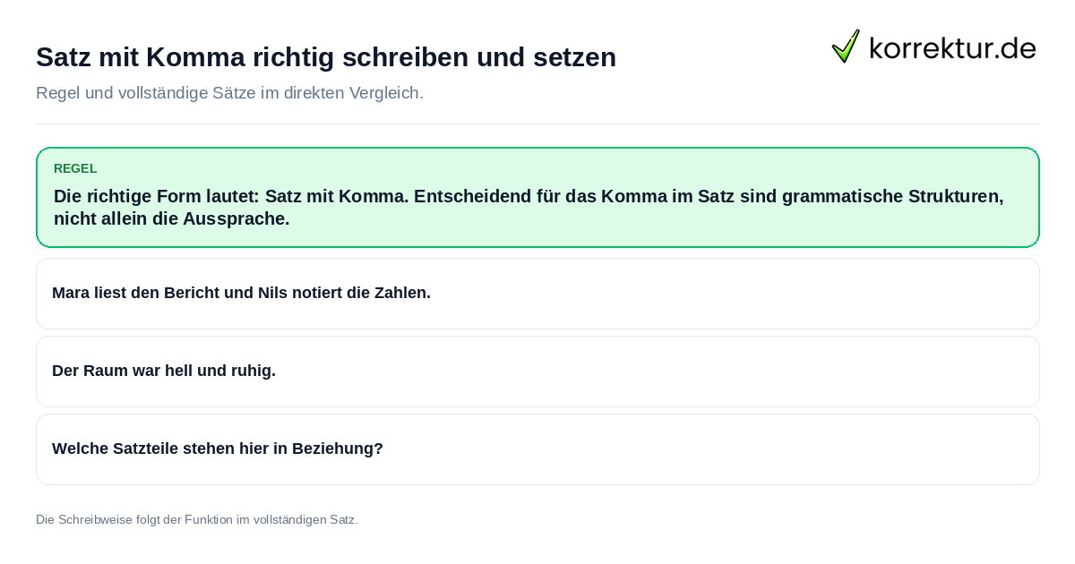 Konkrete Regel und vollständige Beispielsätze zu Satz mit Komma richtig schreiben und setzen