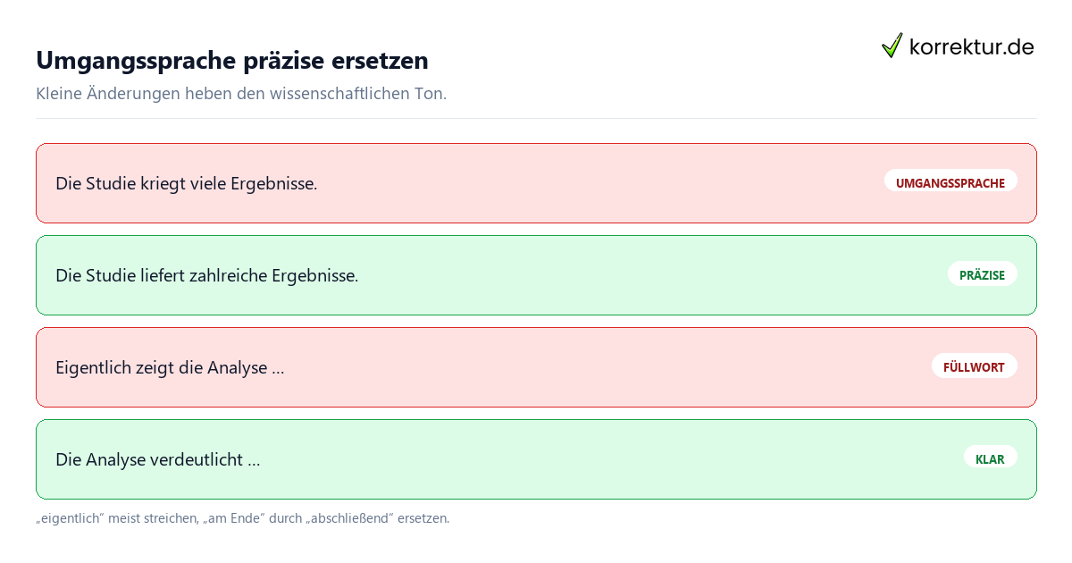 Wissenschaftliche Formulierungen: umgangssprachlich vorher, akademisch nachher