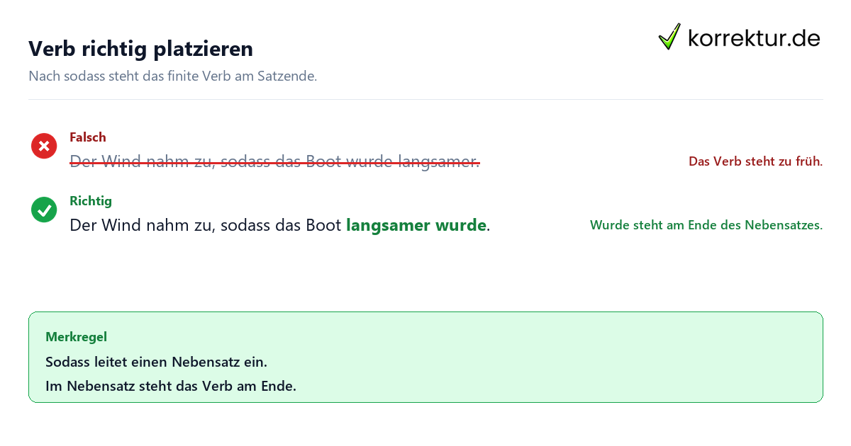 Verb richtig platzieren Sodass verbindet Grund und Folge mit Verbendstellung