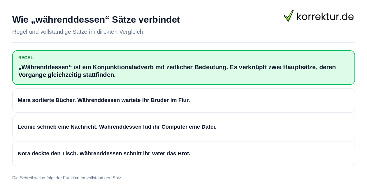 Wie „währenddessen“ Sätze verbindet Konkrete Regel und vollständige Beispielsätze zu Wie „währenddessen“ Sätze verbindet