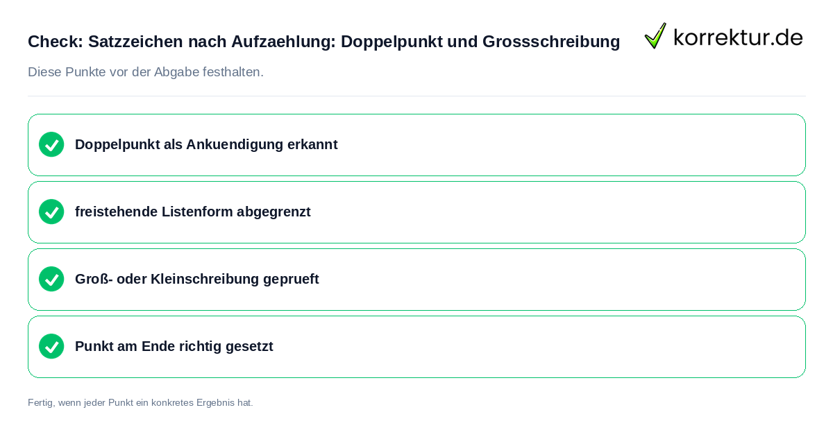 Satzzeichen nach Aufzählung: Doppelpunkt und Großschreibung: Prüfliste mit vier Punkten
