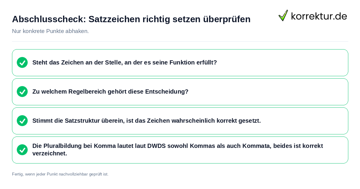 Konkreter Abschlusscheck zu Satzzeichen richtig setzen überprüfen
