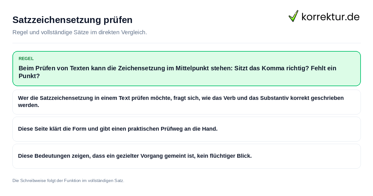 Konkrete Regel und vollständige Beispielsätze zu Satzzeichensetzung prüfen