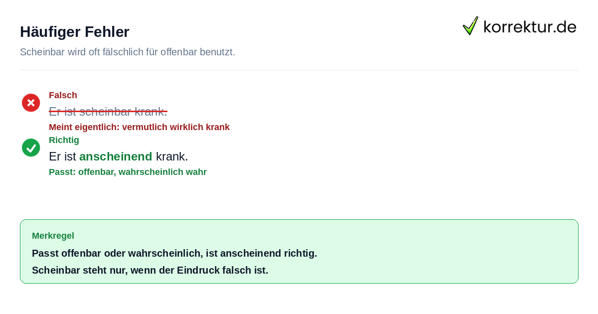 Häufiger Fehler Rotstift Korrektur zu scheinbar oder anscheinend richtig verwenden