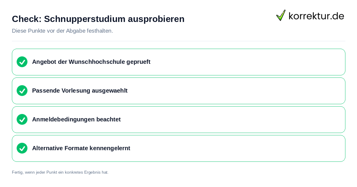 Schnupperstudium ausprobieren: Prüfliste mit vier Punkten