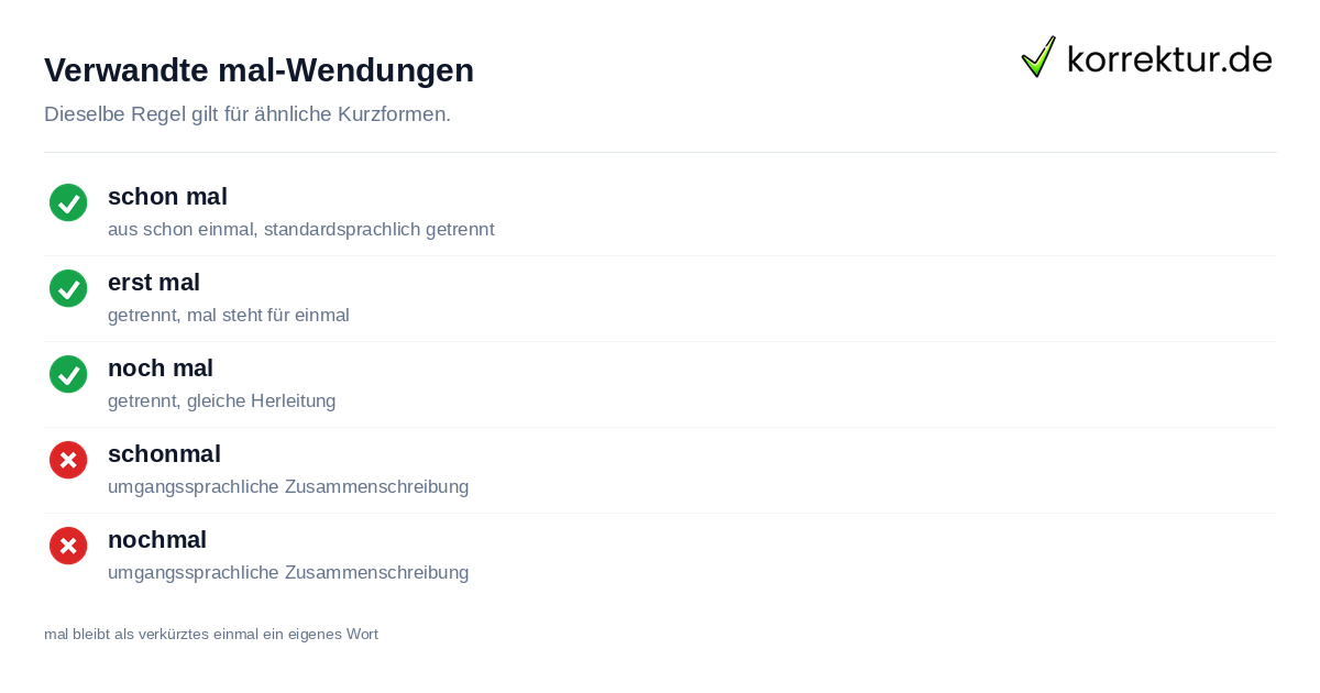 Verwandte mal-Wendungen Regel für schon mal, erst mal, noch mal