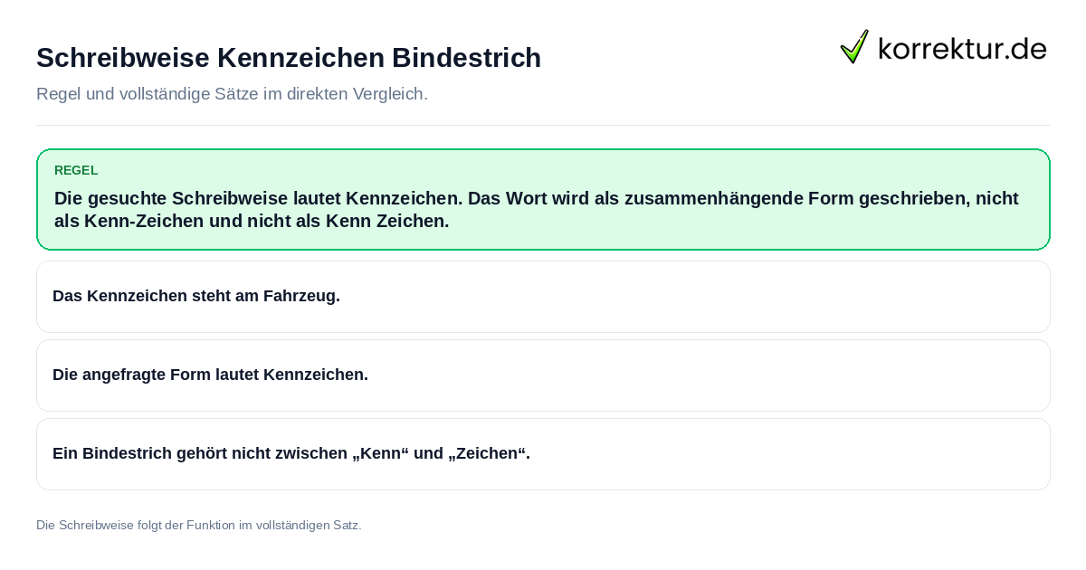 Konkrete Regel und vollständige Beispielsätze zu Schreibweise Kennzeichen Bindestrich