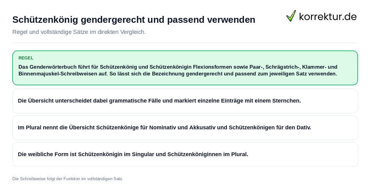 Schützenkönig gendergerecht und passend verwenden Konkrete Regel und vollständige Beispielsätze zu Schützenkönig gendergerecht und passend verwenden