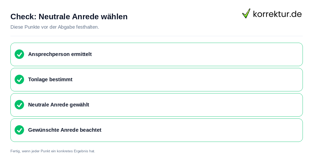 Neutrale Anrede wählen: Prüfliste mit vier Punkten
