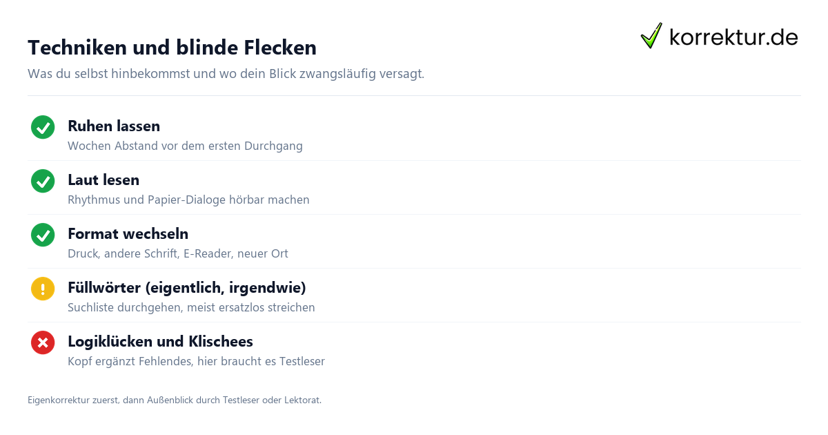 Checkliste Selbstlektorat: Techniken, Suchlisten und blinde Flecken