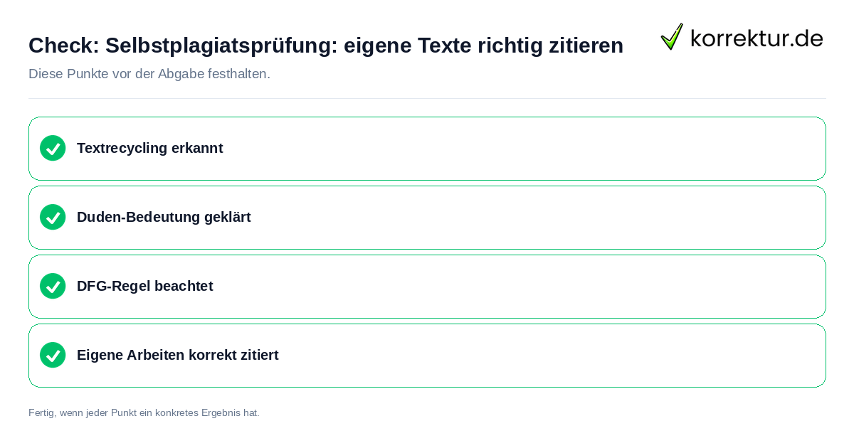 Selbstplagiatsprüfung: eigene Texte richtig zitieren: Prüfliste mit vier Punkten